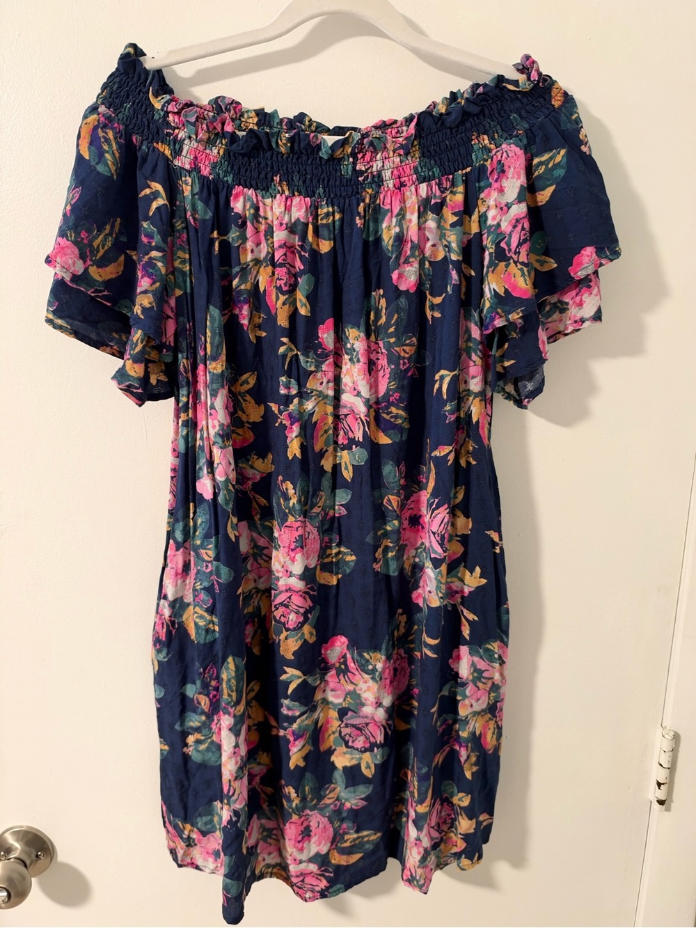 Anthropology Allihop Navy Floral Off-Shoulder Midi Dress with Pink Bloom